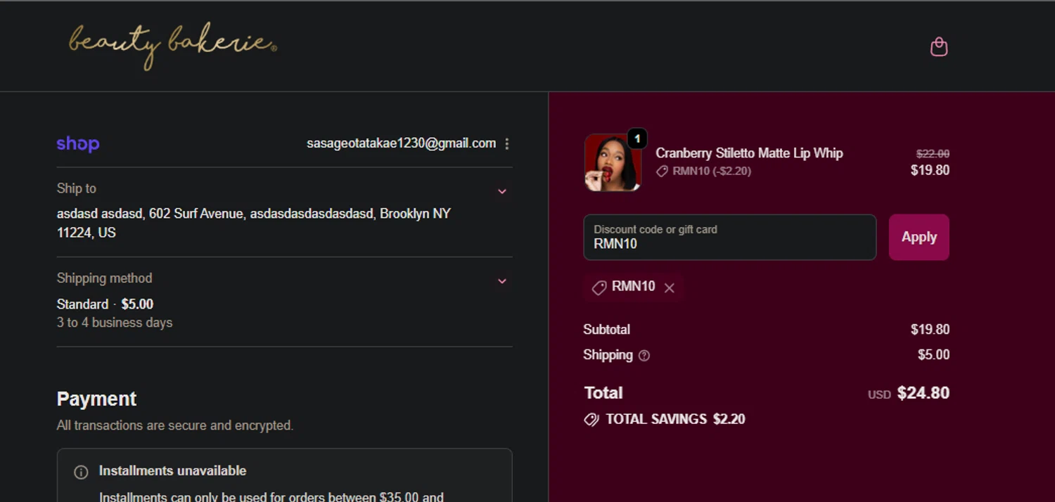 BeautyBakerie promo code screenshot showing code RMN10 applied at BeautyBakerie checkout page. Uploaded by SimplyCodes community member jaimitoalcachofa on Oct 28, 2025