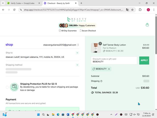 Beauty by Earth checkout page showing Beauty by Earth discount code box | Screenshot taken by SimplyCodes community member on Sep 11, 2025