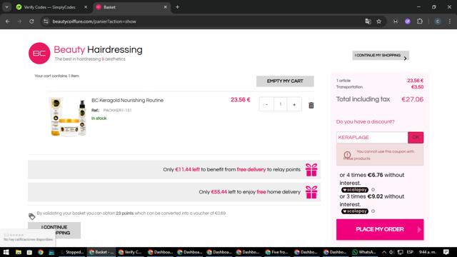Beauty Coiffure checkout page showing Beauty Coiffure discount code box | Screenshot taken by SimplyCodes community member on Aug 3, 2025
