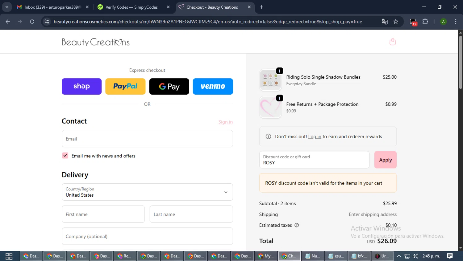 Beauty Creations Cosmetics promo code screenshot showing code ROSY applied at Beauty Creations Cosmetics checkout page. Uploaded by SimplyCodes community member CashLynx5338 on Sep 19, 2025