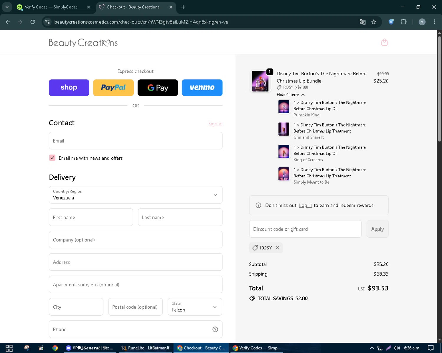 Beauty Creations Cosmetics promo code screenshot showing code ROSY applied at Beauty Creations Cosmetics checkout page. Uploaded by SimplyCodes community member charmander589 on Oct 7, 2025