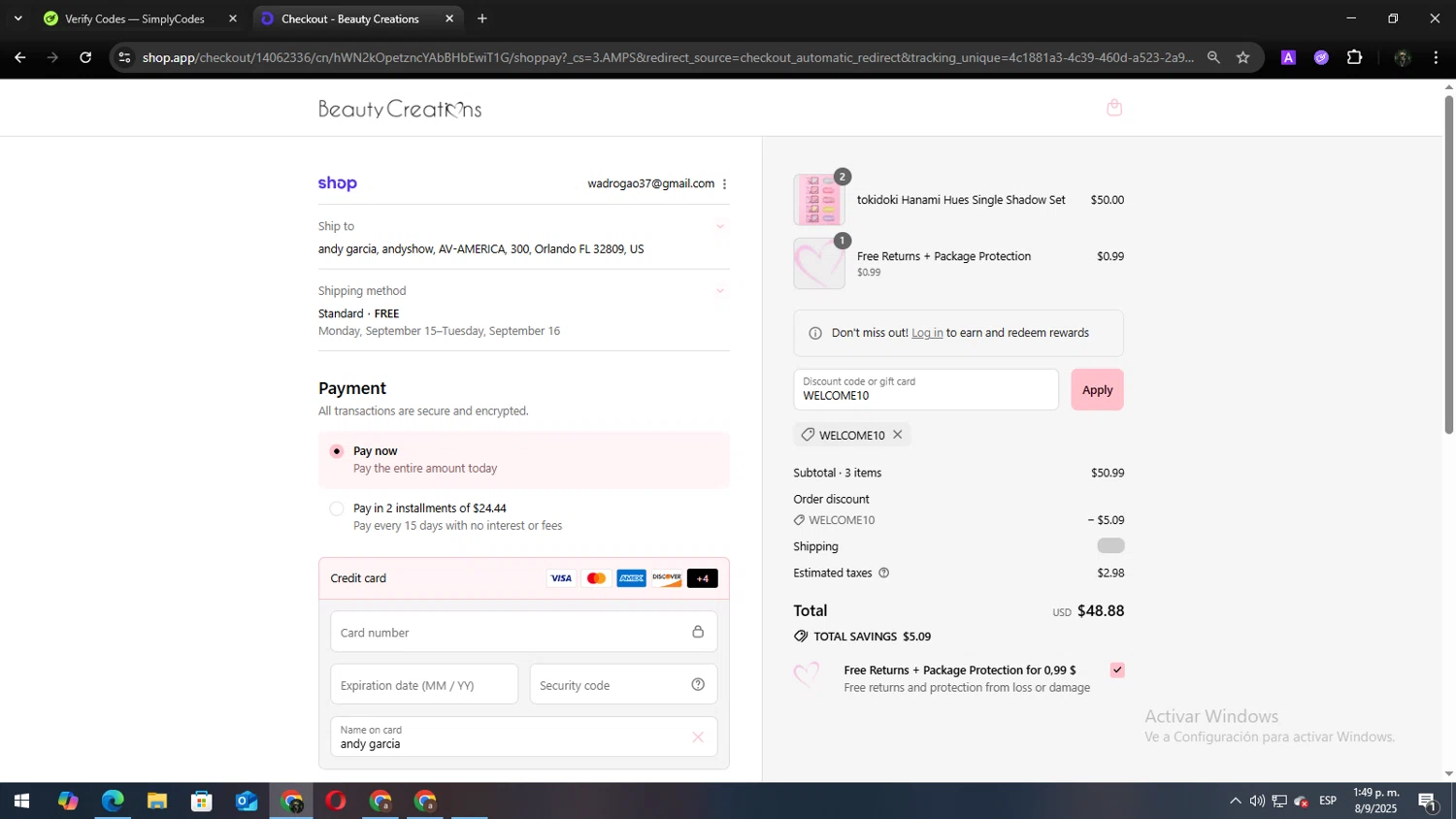 Beauty Creations Cosmetics promo code screenshot showing code WELCOME10 applied at Beauty Creations Cosmetics checkout page. Uploaded by SimplyCodes community member Andy2323 on Sep 8, 2025