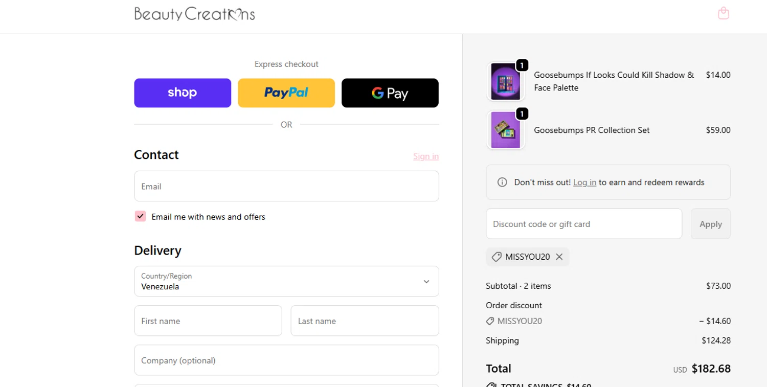 Beauty Creations Cosmetics promo code screenshot showing code MISSYOU20 applied at Beauty Creations Cosmetics checkout page. Uploaded by SimplyCodes community member ashe1986 on Sep 19, 2025