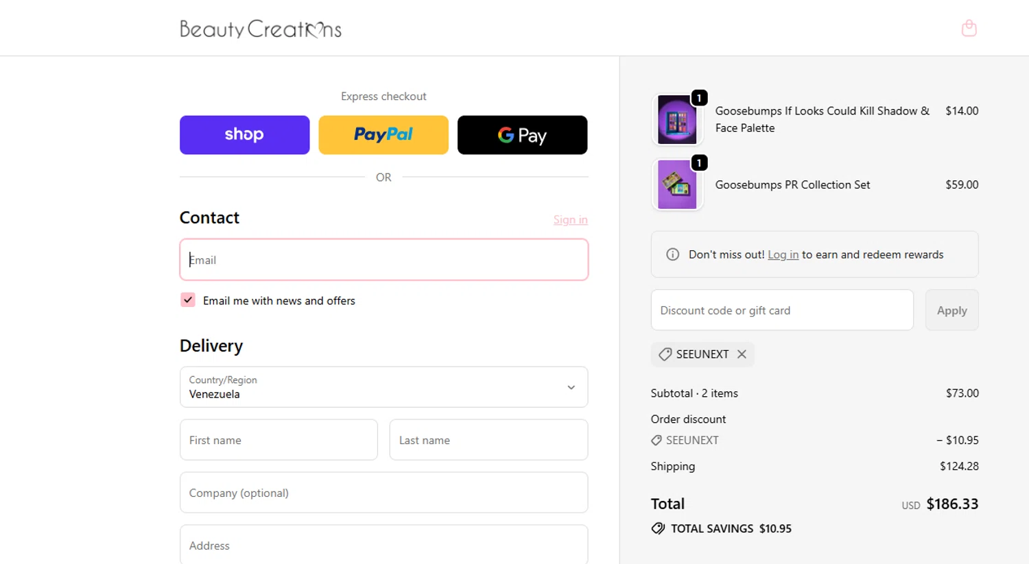 Beauty Creations Cosmetics promo code screenshot showing code SEEUNEXT applied at Beauty Creations Cosmetics checkout page. Uploaded by SimplyCodes community member ashe1986 on Sep 19, 2025