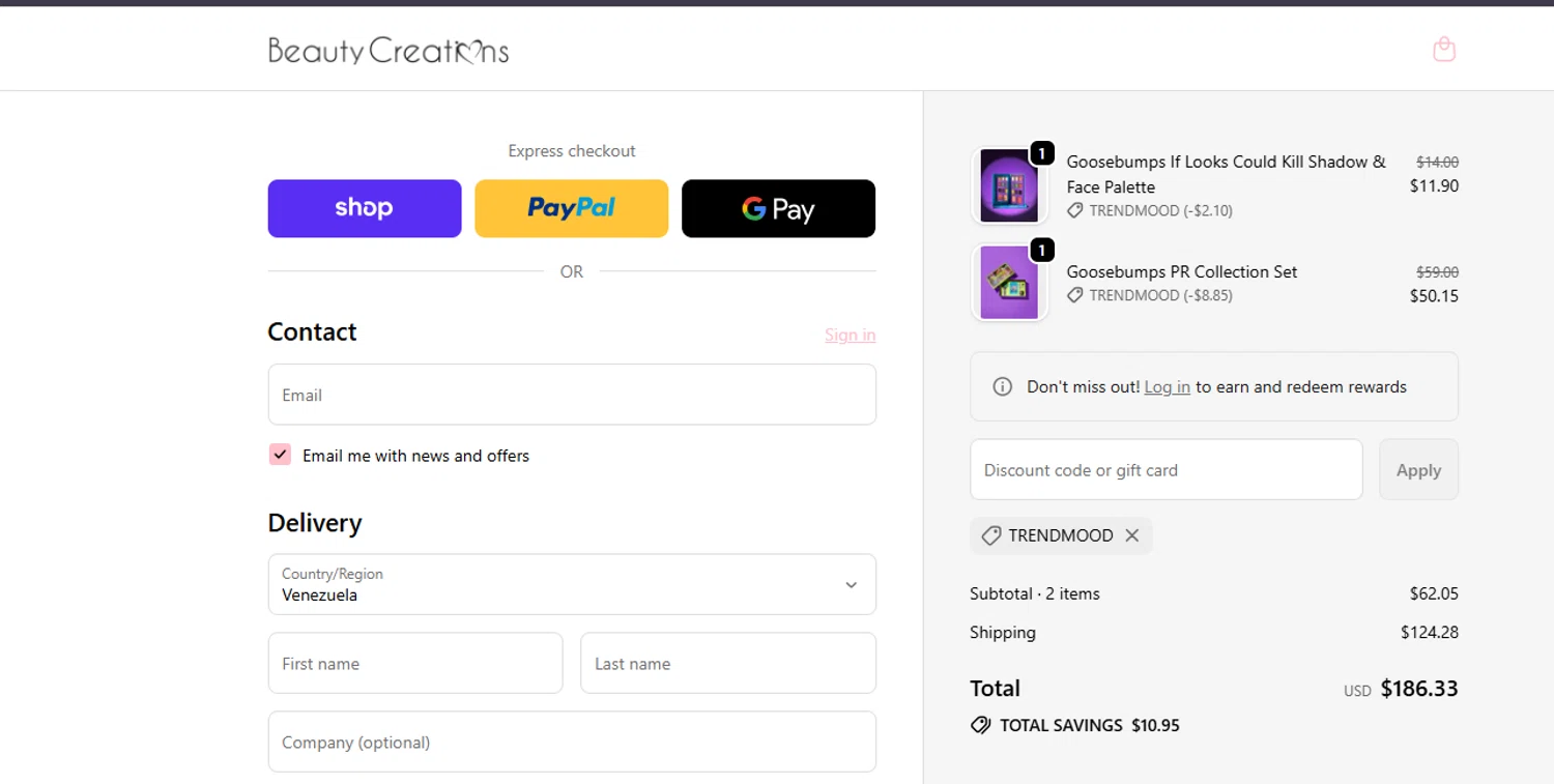 Beauty Creations Cosmetics promo code screenshot showing code TRENDMOOD applied at Beauty Creations Cosmetics checkout page. Uploaded by SimplyCodes community member ashe1986 on Sep 19, 2025