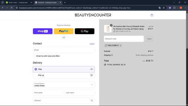 Beauty Encounter checkout page showing Beauty Encounter promo code box | Screenshot taken by SimplyCodes community member on Aug 9, 2025