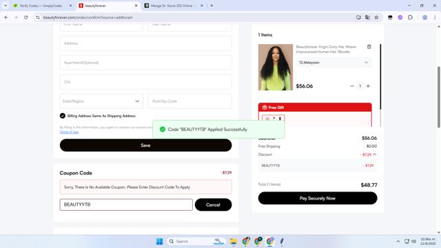 Beauty Forever Hair checkout page showing Beauty Forever Hair discount code box | Screenshot taken by SimplyCodes community member on Sep 12, 2025