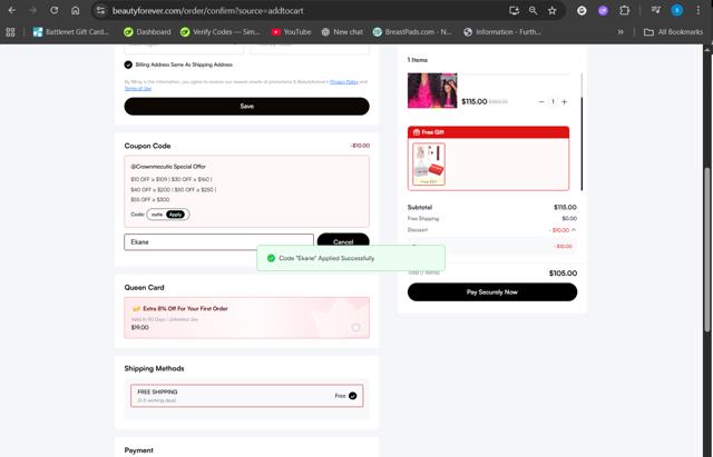 Beauty Forever Hair checkout page showing Beauty Forever Hair discount code box | Screenshot taken by SimplyCodes community member on Sep 12, 2025
