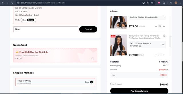 Beauty Forever Hair checkout page showing Beauty Forever Hair discount code box | Screenshot taken by SimplyCodes community member on Sep 12, 2025