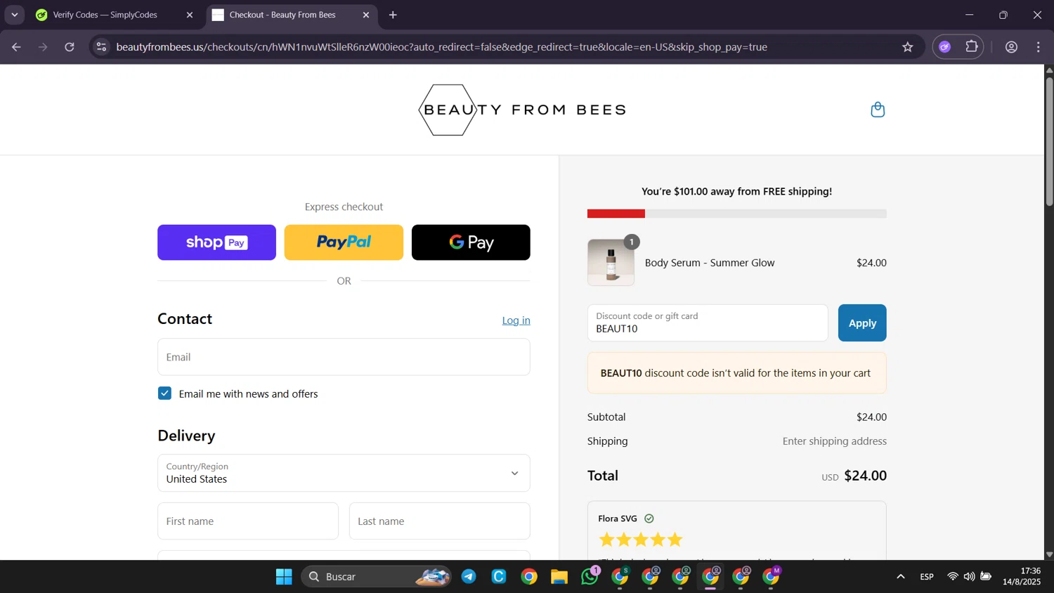 Beauty From Bees US promo code screenshot showing code BEAUT10 applied at Beauty From Bees US checkout page. Uploaded by SimplyCodes community member Puppet on Aug 14, 2025