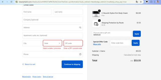 Beautyhabit checkout page showing Beautyhabit discount code box | Screenshot taken by SimplyCodes community member on Sep 23, 2025