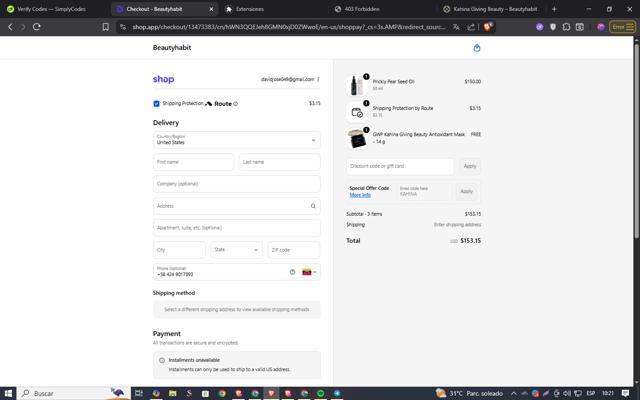 Beautyhabit checkout page showing Beautyhabit discount code box | Screenshot taken by SimplyCodes community member on Sep 26, 2025