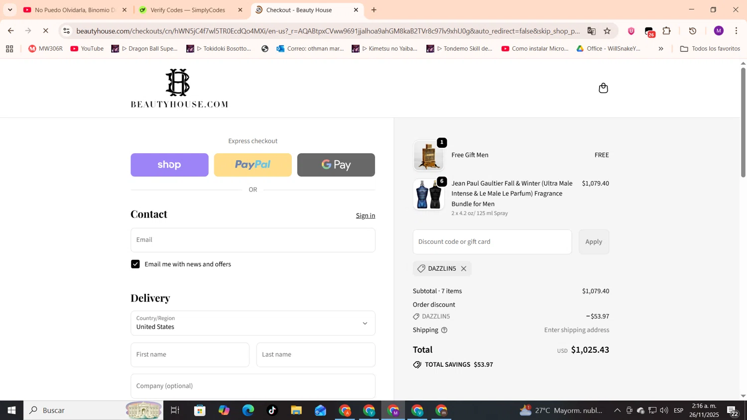 Beauty House discount code screenshot showing code Dazzlin5 applied at Beauty House checkout page. Uploaded by SimplyCodes community member cod_gakpo on Nov 26, 2025
