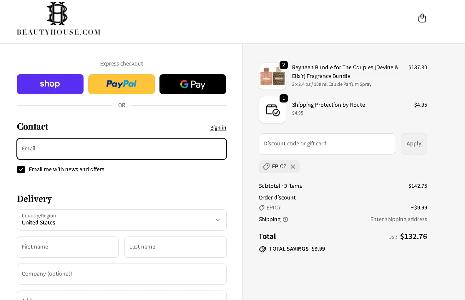 Beauty House discount code screenshot showing code EPIC7 applied at Beauty House checkout page. Uploaded by SimplyCodes community member Jnueel_10 on Nov 24, 2025