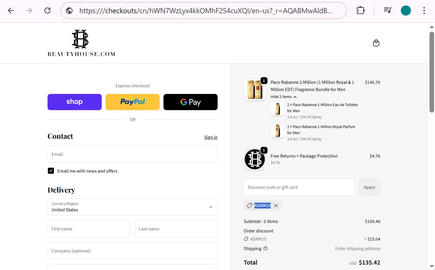 Beauty House discount code screenshot showing code ADAM10 applied at Beauty House checkout page. Uploaded by SimplyCodes community member anosesmith on Jan 13, 2026