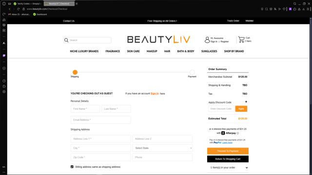 BeautyLIV.com checkout page showing BeautyLIV.com discount code box | Screenshot taken by SimplyCodes community member on Jul 24, 2025