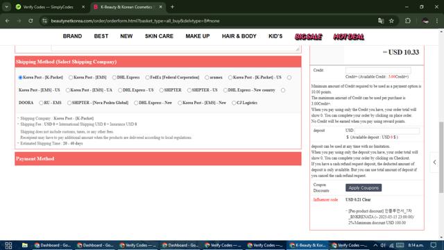 Beautynetkorea checkout page showing Beautynetkorea coupon code box | Screenshot taken by SimplyCodes community member on Dec 14, 2024
