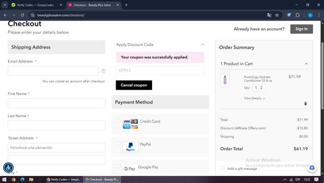 Beauty Plus Salon checkout page showing Beauty Plus Salon discount code box | Screenshot taken by SimplyCodes community member on Sep 5, 2025