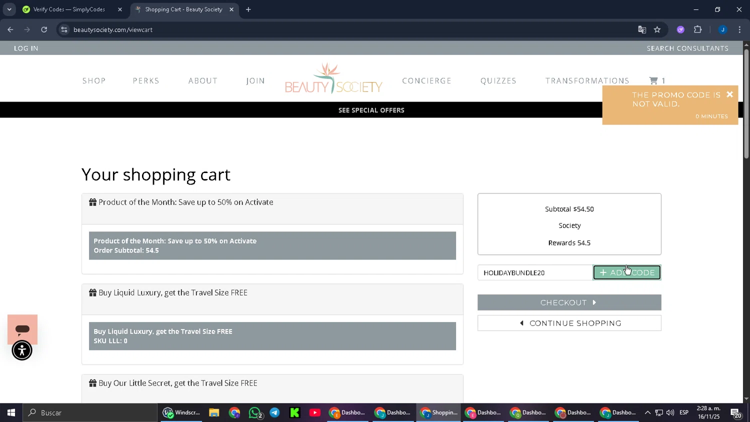 Beauty Society promo code screenshot showing code HOLIDAYBUNDLE20 applied at Beauty Society checkout page. Uploaded by SimplyCodes community member RebateCaptain6440 on Nov 16, 2025