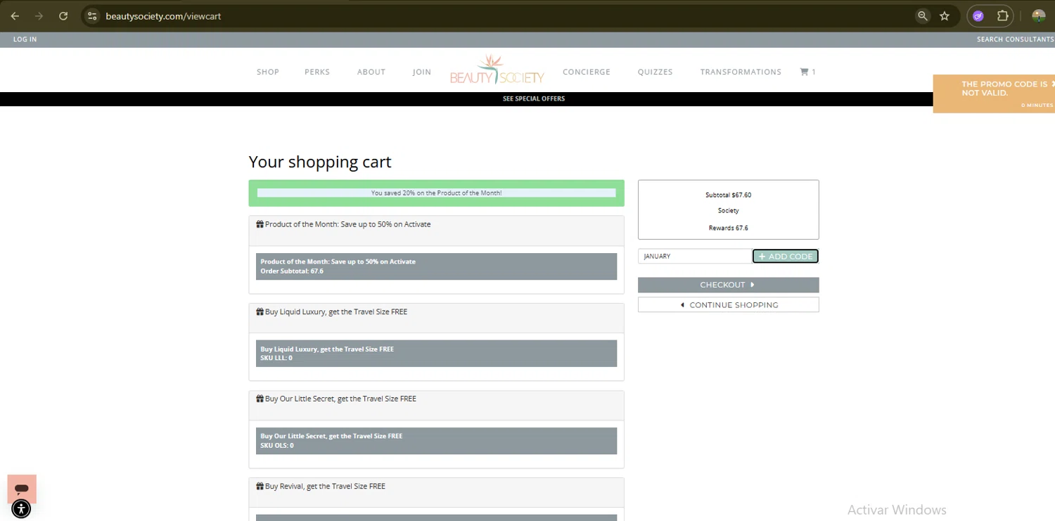 Beauty Society promo code screenshot showing code HOLIDAYBUNDLE20 applied at Beauty Society checkout page. Uploaded by SimplyCodes community member Samugl21 on Nov 15, 2025
