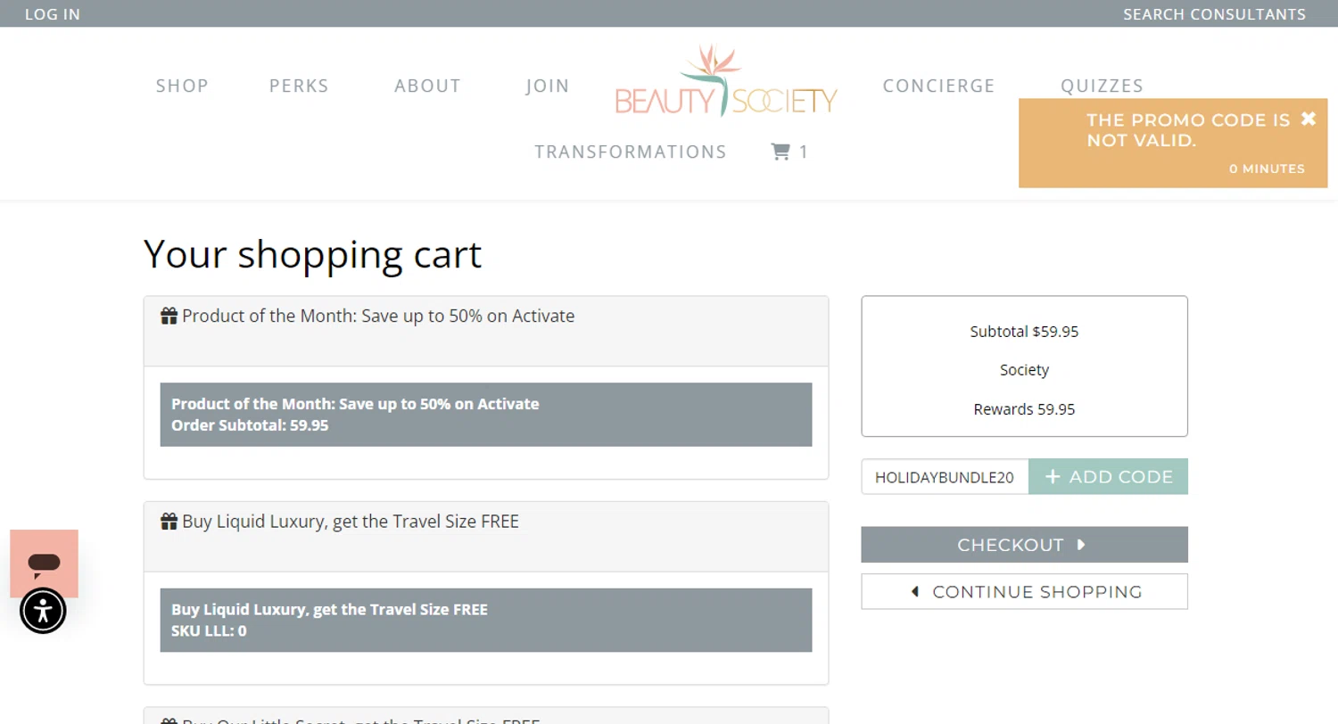 Beauty Society promo code screenshot showing code HOLIDAYBUNDLE20 applied at Beauty Society checkout page. Uploaded by SimplyCodes community member Yuskecoder426913 on Nov 16, 2025