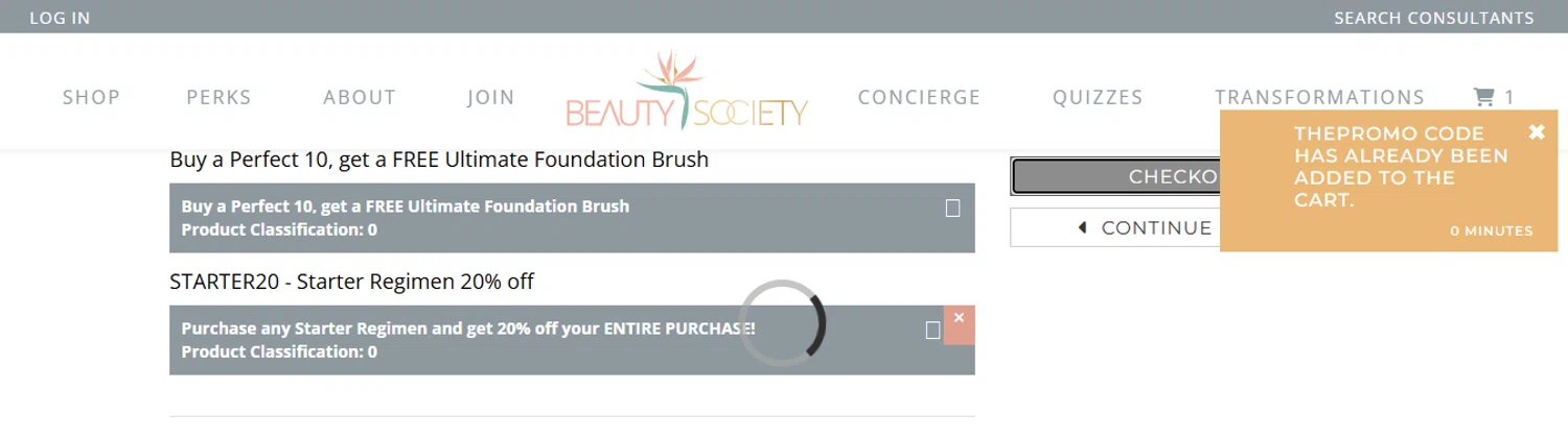 Beauty Society promo code screenshot showing code STARTER20 applied at Beauty Society checkout page. Uploaded by SimplyCodes community member eudorasuarez on Jun 28, 2025