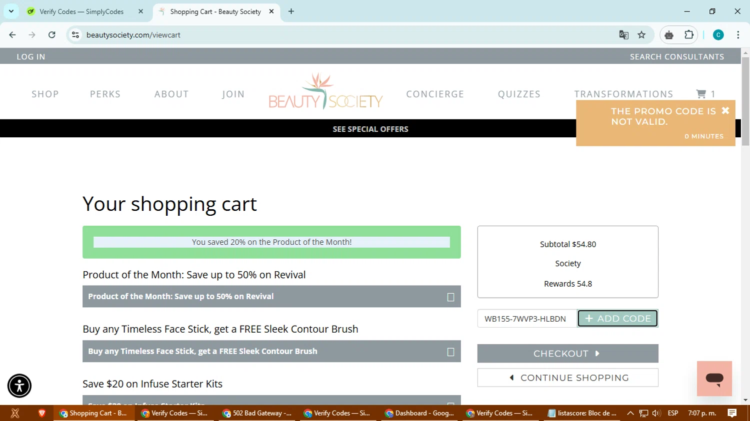 Beauty Society promo code screenshot showing code WB155-7WVP3-HLBDN applied at Beauty Society checkout page. Uploaded by SimplyCodes community member Simpsince95 on Jan 21, 2025