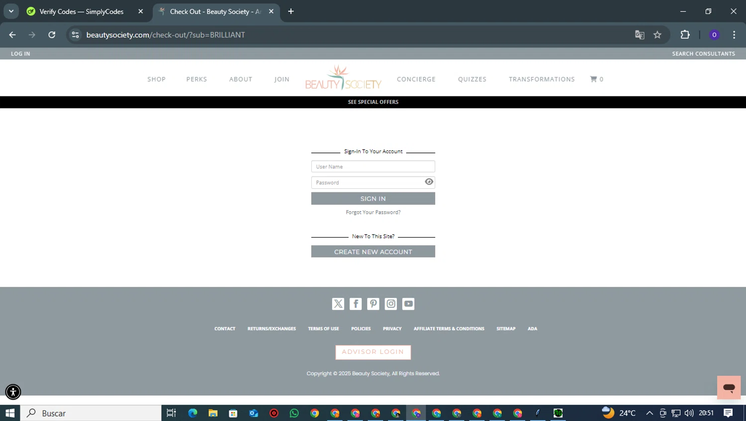 Beauty Society promo code screenshot showing code WB155-7WVP3-HLBDN applied at Beauty Society checkout page. Uploaded by SimplyCodes community member TERESASA on Jan 22, 2025