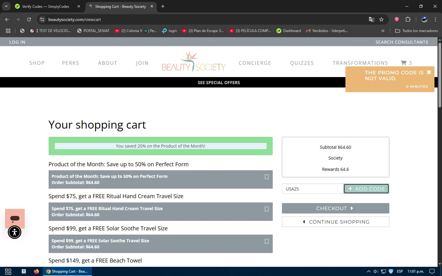 Beauty Society promo code screenshot showing code USA25 applied at Beauty Society checkout page. Uploaded by SimplyCodes community member SavvySage3352 on Jul 13, 2025