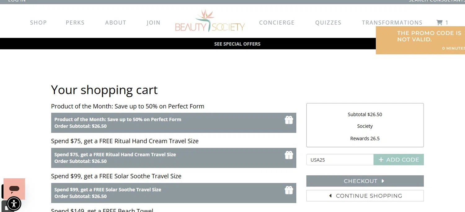 Beauty Society promo code screenshot showing code USA25 applied at Beauty Society checkout page. Uploaded by SimplyCodes community member Quemiras on Jul 13, 2025