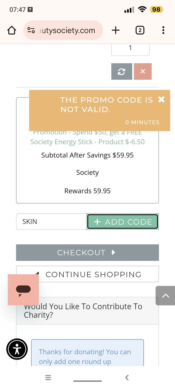 Beauty Society promo code screenshot showing code SKIN applied at Beauty Society checkout page. Uploaded by SimplyCodes community member Heinsenberg on Oct 19, 2025
