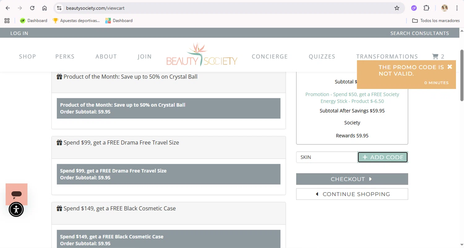 Beauty Society promo code screenshot showing code SKIN applied at Beauty Society checkout page. Uploaded by SimplyCodes community member LegendaryTitan9160 on Oct 19, 2025