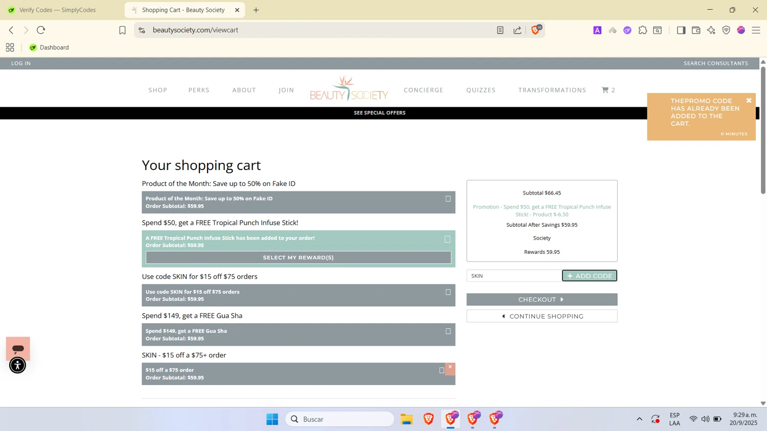 Beauty Society checkout page showing Beauty Society promo code box | Screenshot taken by SimplyCodes community member on Sep 20, 2025