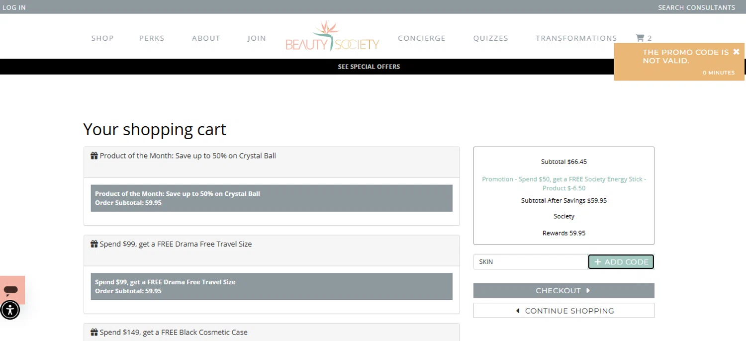 Beauty Society promo code screenshot showing code SKIN applied at Beauty Society checkout page. Uploaded by SimplyCodes community member gilbertrondon on Oct 19, 2025