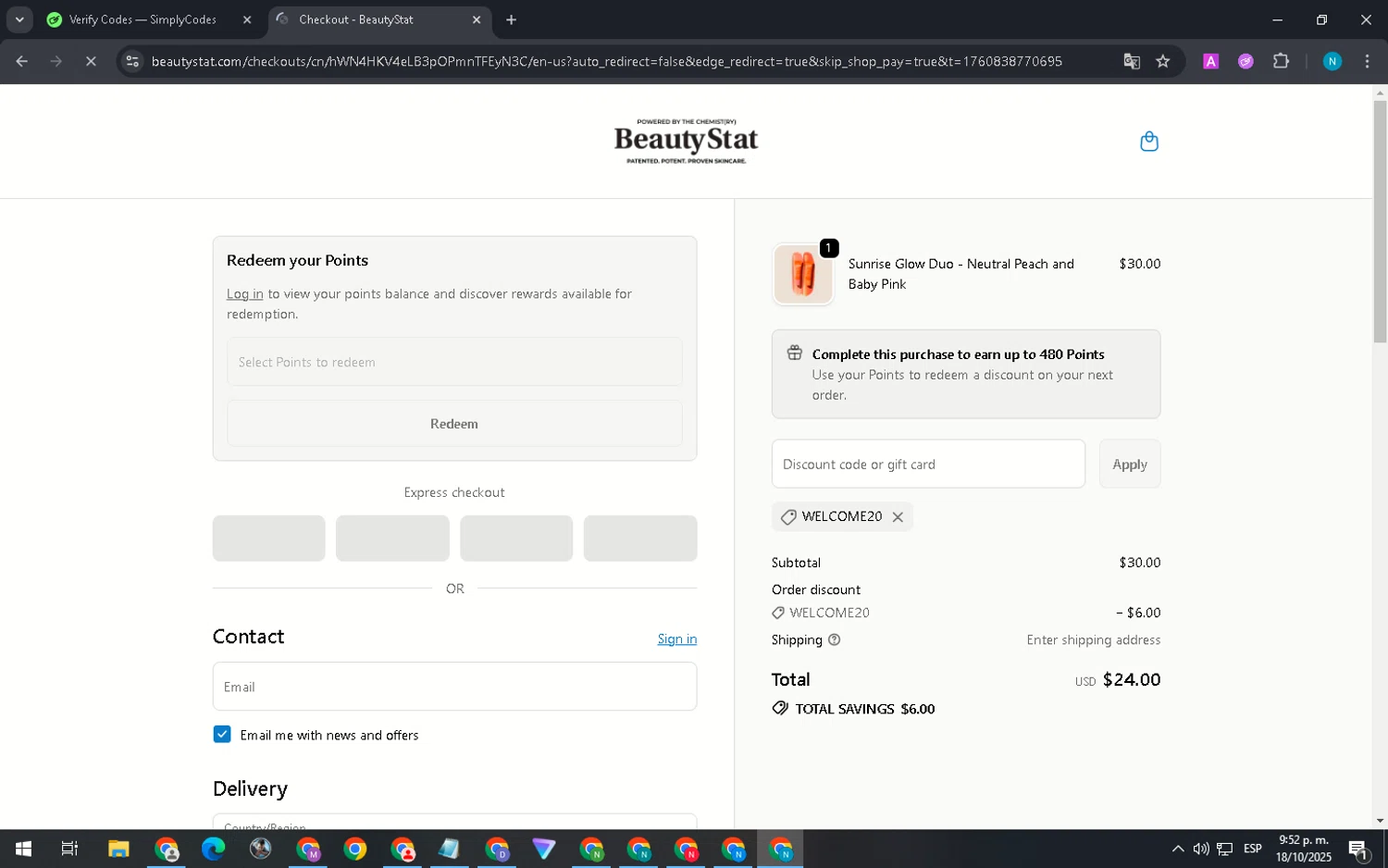 Beauty Stat promo code screenshot showing code WELCOME20 applied at Beauty Stat checkout page. Uploaded by SimplyCodes community member DiscountGenius5394 on Oct 19, 2025