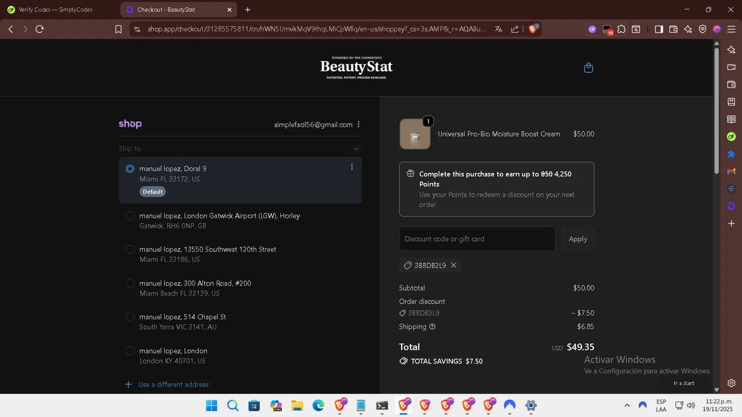 Beauty Stat promo code screenshot showing code 3B8DB2L9 applied at Beauty Stat checkout page. Uploaded by SimplyCodes community member SmartGuardian6731 on Nov 20, 2025