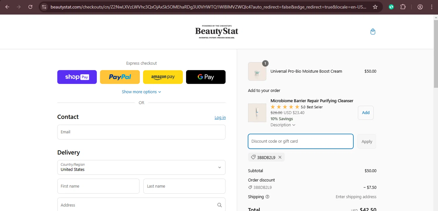 Beauty Stat promo code screenshot showing code 3B8DB2L9 applied at Beauty Stat checkout page. Uploaded by SimplyCodes community member xaswqe on Mar 6, 2025