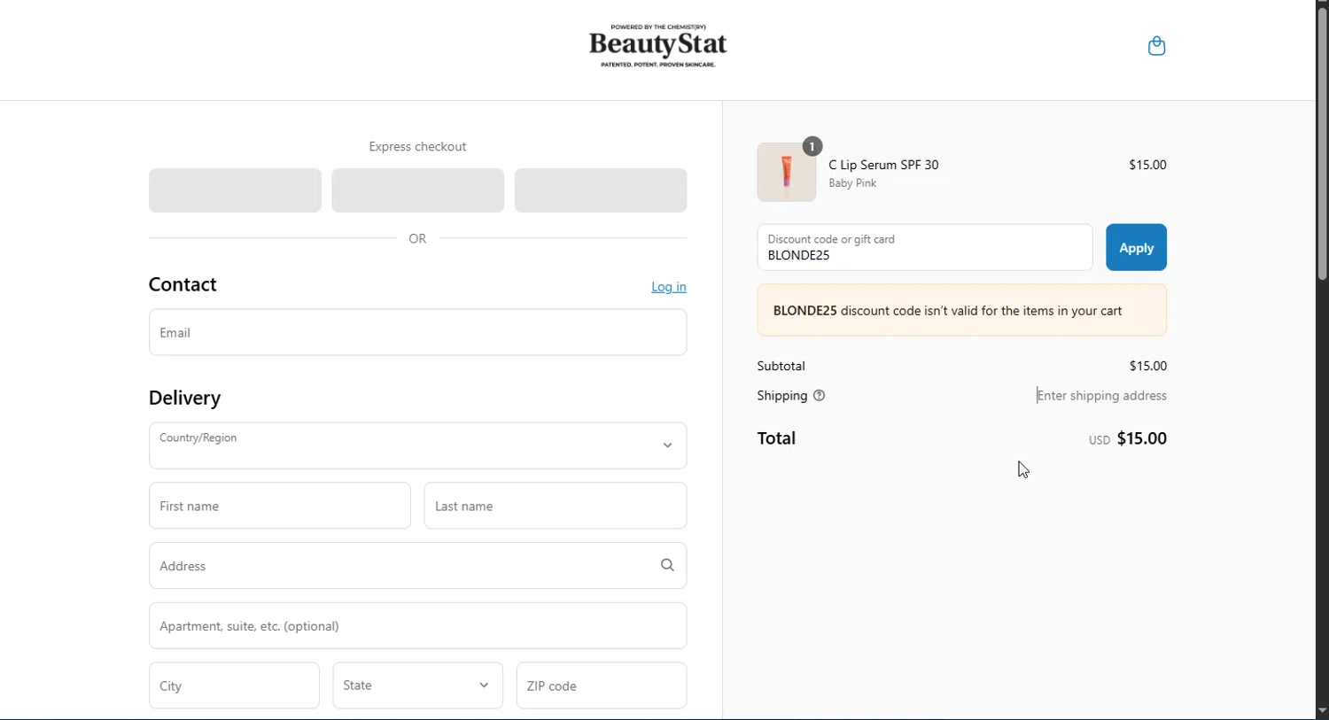 Beauty Stat promo code screenshot showing code BLONDE25 applied at Beauty Stat checkout page. Uploaded by SimplyCodes community member Doomslayer on Apr 21, 2025