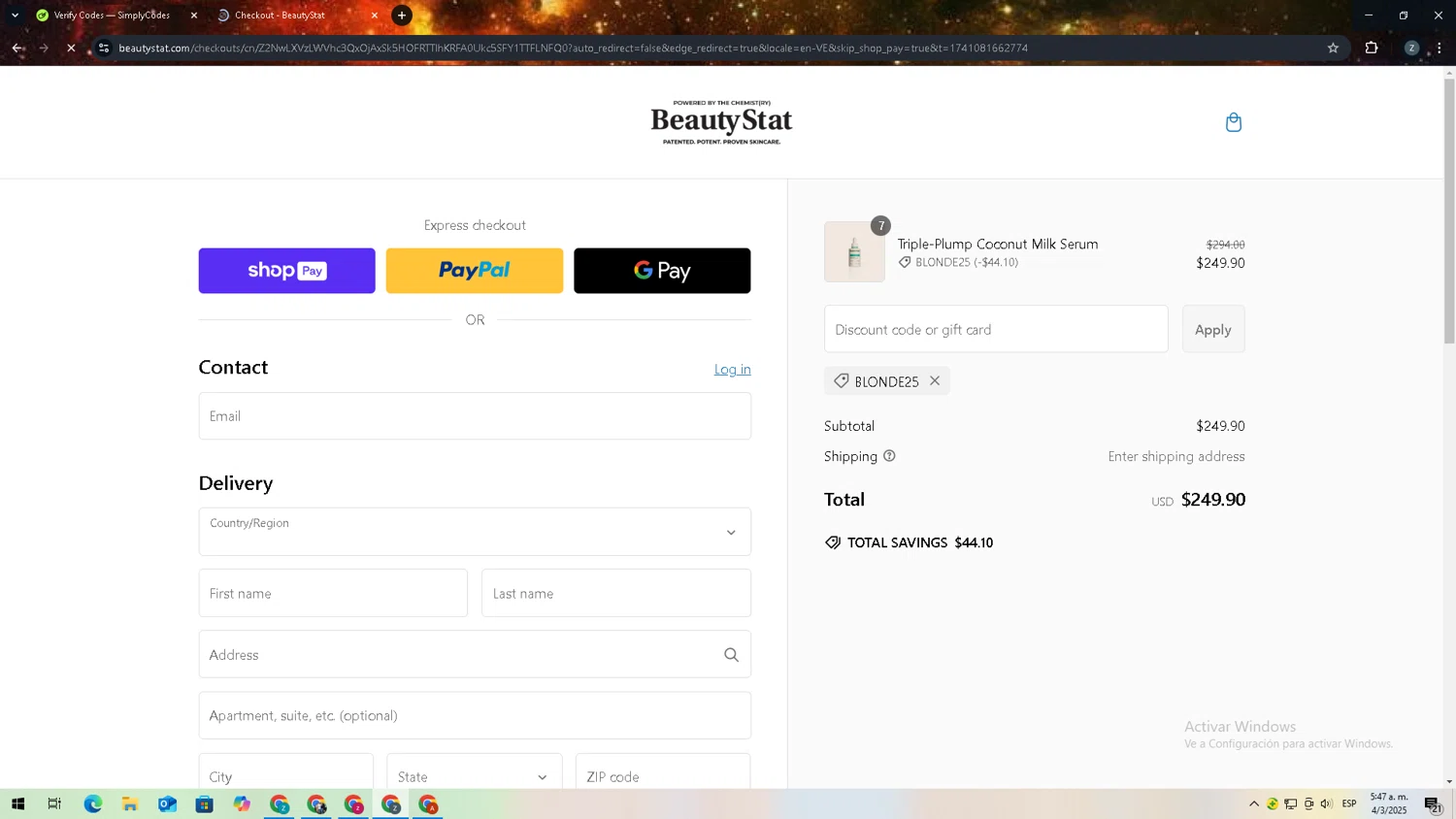 Beauty Stat promo code screenshot showing code BLONDE25 applied at Beauty Stat checkout page. Uploaded by SimplyCodes community member 27zxbr on Mar 4, 2025