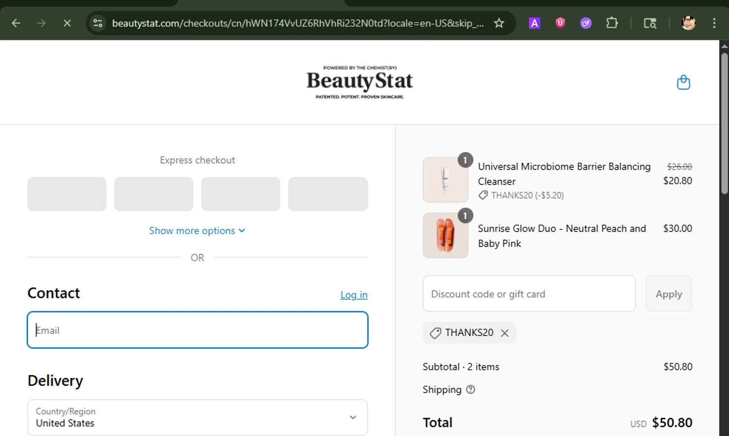 Beauty Stat promo code screenshot showing code THANKS20 applied at Beauty Stat checkout page. Uploaded by SimplyCodes community member ShrewdBoss4152 on Jul 27, 2025