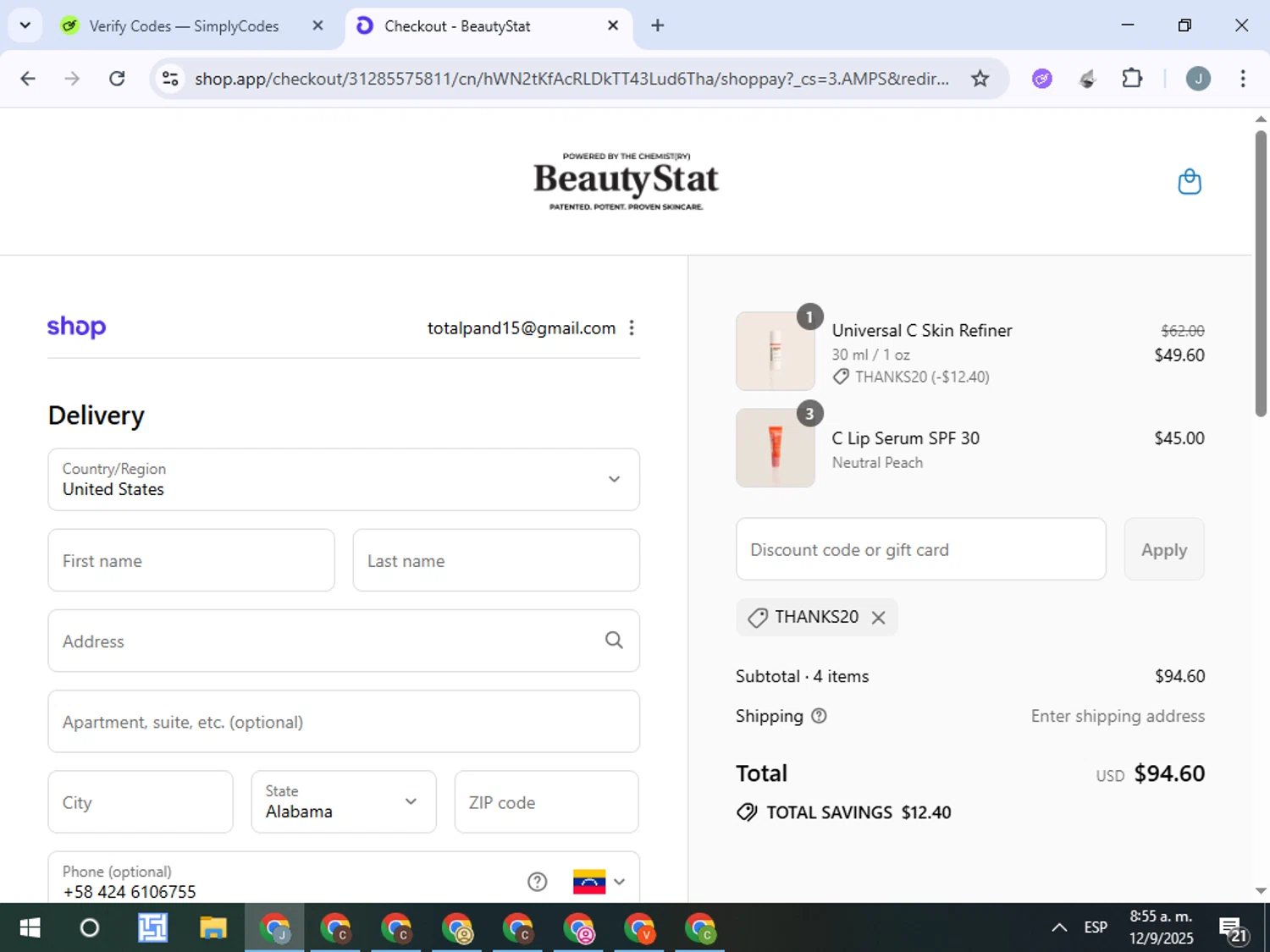 Beauty Stat promo code screenshot showing code THANKS20 applied at Beauty Stat checkout page. Uploaded by SimplyCodes community member ValueTracker8384 on Sep 12, 2025