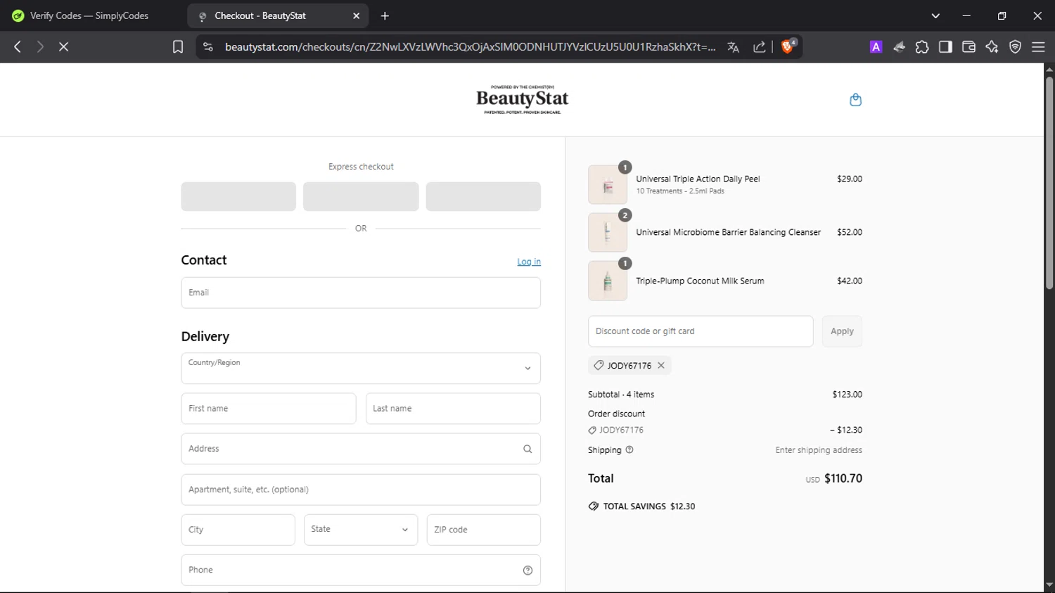 Beauty Stat promo code screenshot showing code JODY67176 applied at Beauty Stat checkout page. Uploaded by SimplyCodes community member SmartScholar9589 on Apr 18, 2025