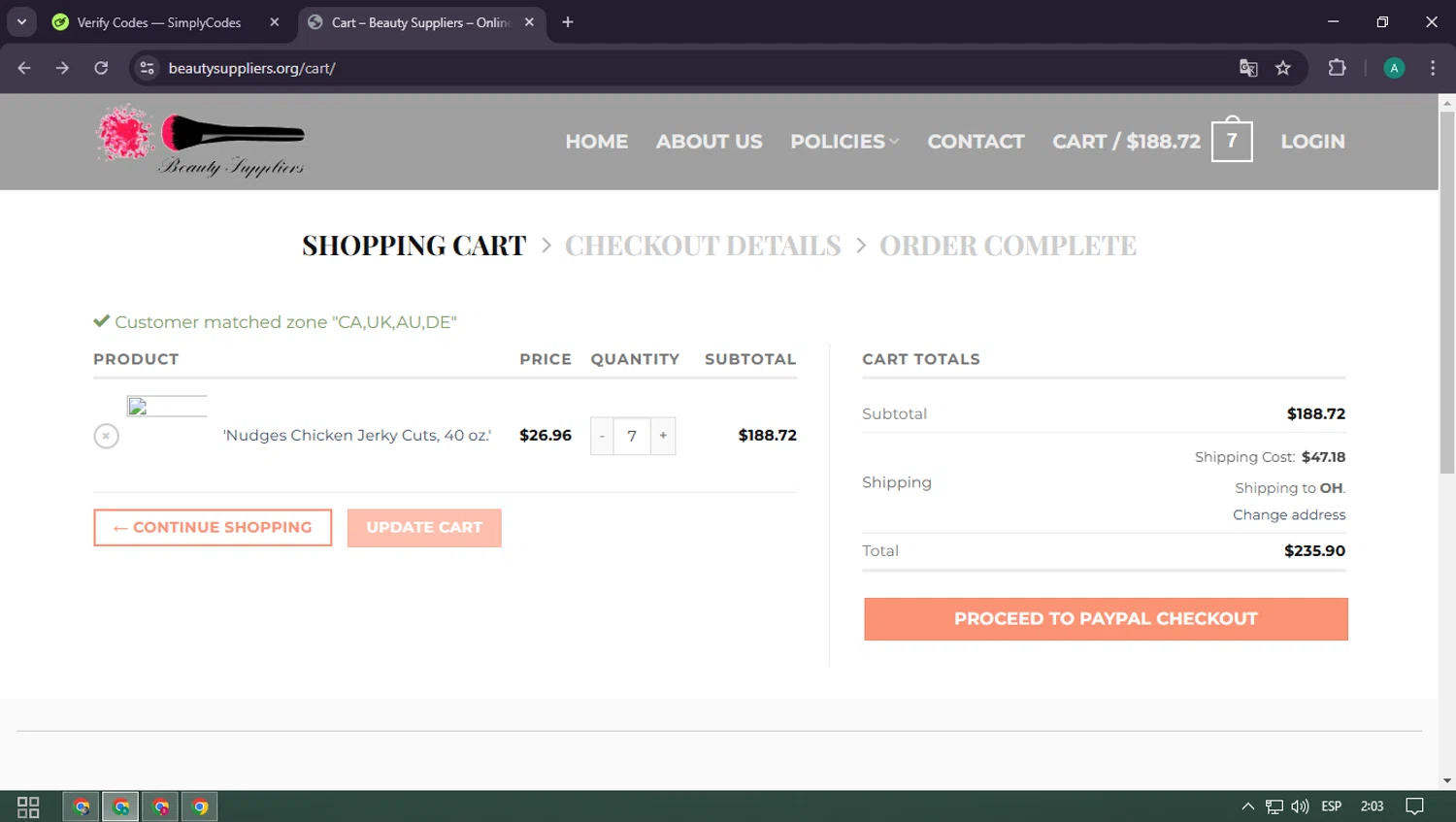 Beauty Suppliers checkout page showing Beauty Suppliers coupon code box | Screenshot taken by SimplyCodes community member on Mar 5, 2025