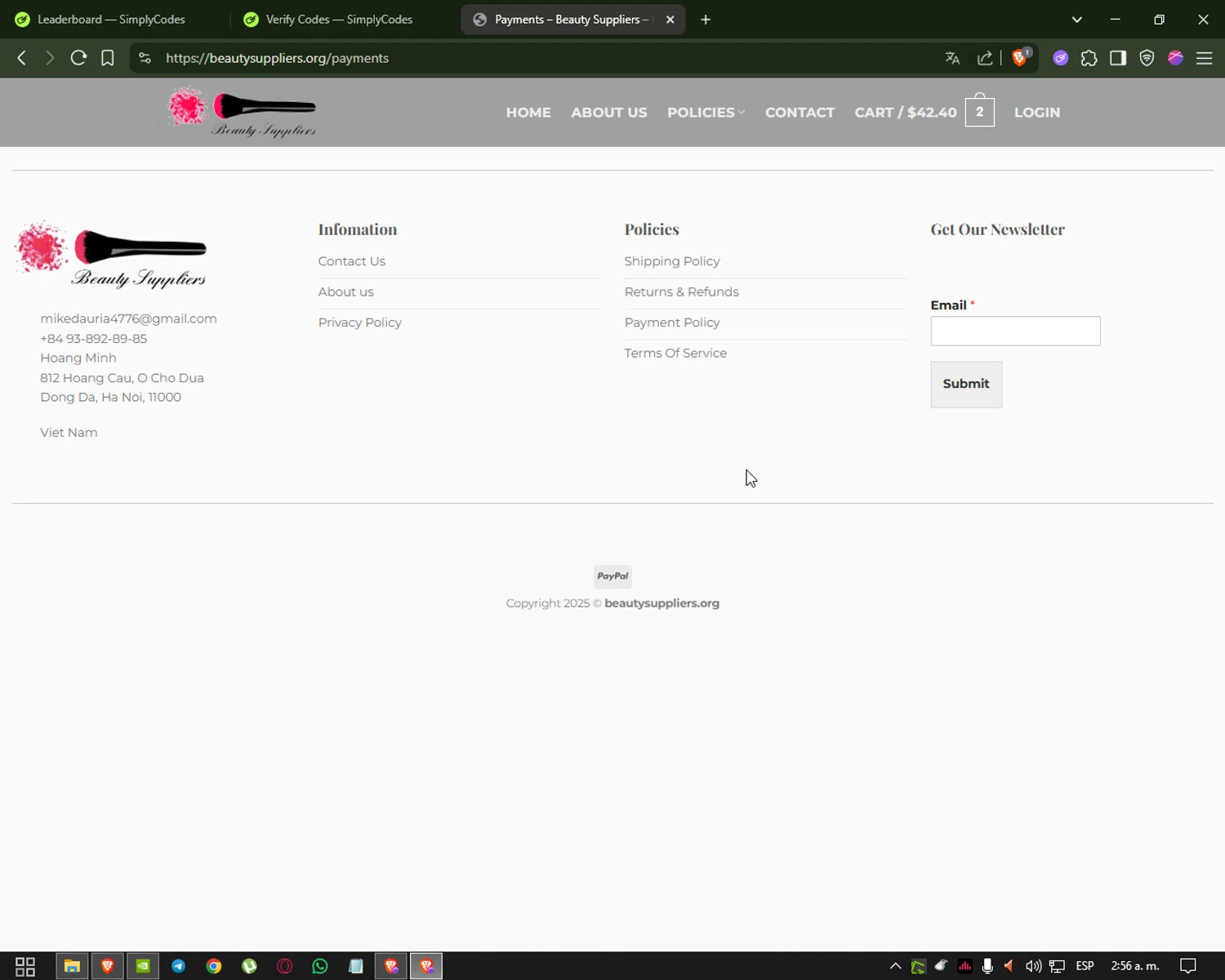 Beauty Suppliers coupon code screenshot showing code SHIPFREE applied at Beauty Suppliers checkout page. Uploaded by SimplyCodes community member Hei201 on May 29, 2025