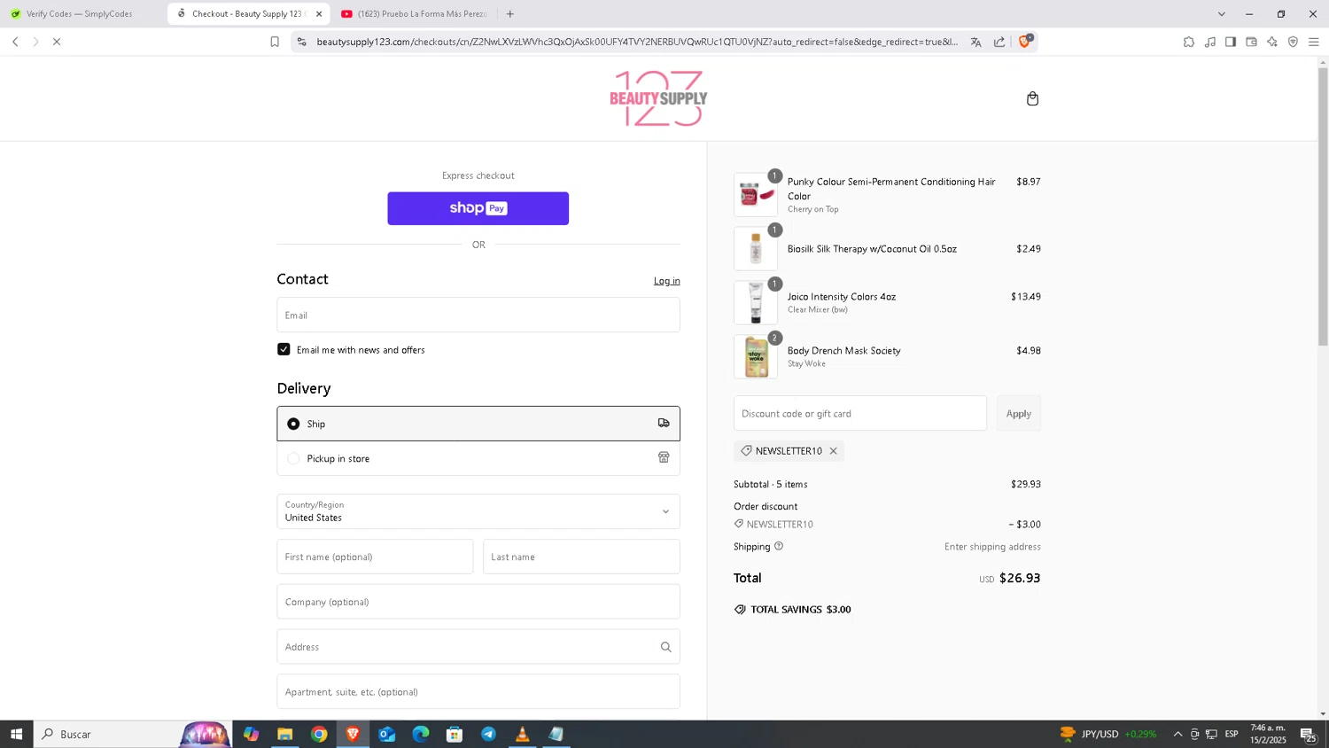 Beauty Supply 123 coupon code screenshot showing code NEWSLETTER10 applied at Beauty Supply 123 checkout page. Uploaded by SimplyCodes community member Carloscoder_900457733 on Feb 15, 2025