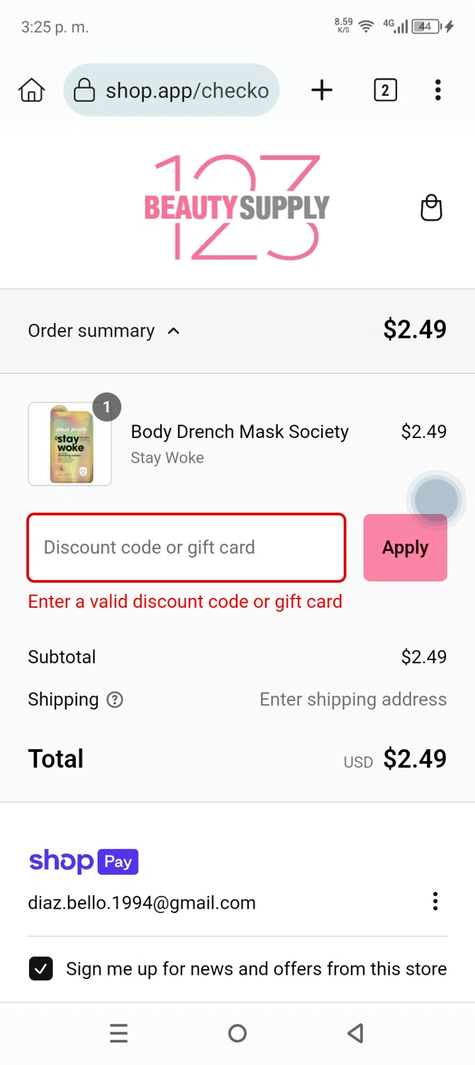 Beauty Supply 123 coupon code screenshot showing code school23 applied at Beauty Supply 123 checkout page. Uploaded by SimplyCodes community member Anthony_Diaz on Jan 3, 2025