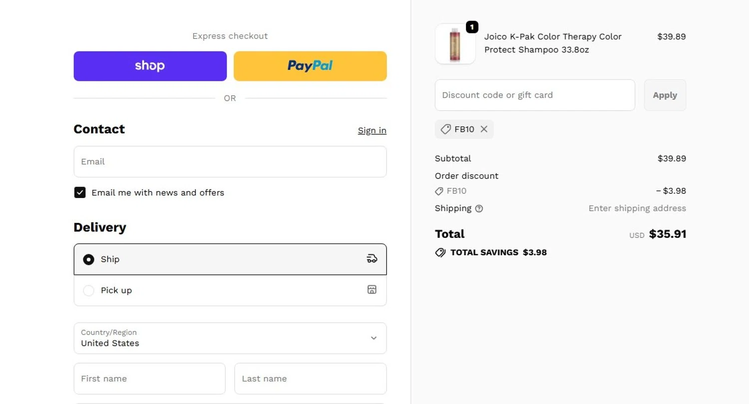 Beauty Supply 123 coupon code screenshot showing code FB10 applied at Beauty Supply 123 checkout page. Uploaded by SimplyCodes community member angelfigueroa2008 on Jan 6, 2026