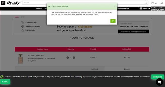Beauty The Shop checkout page showing Beauty The Shop coupon code box | Screenshot taken by SimplyCodes community member on Aug 9, 2025