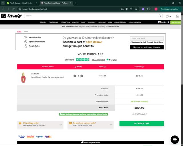 Beauty The Shop checkout page showing Beauty The Shop coupon code box | Screenshot taken by SimplyCodes community member on Aug 25, 2025