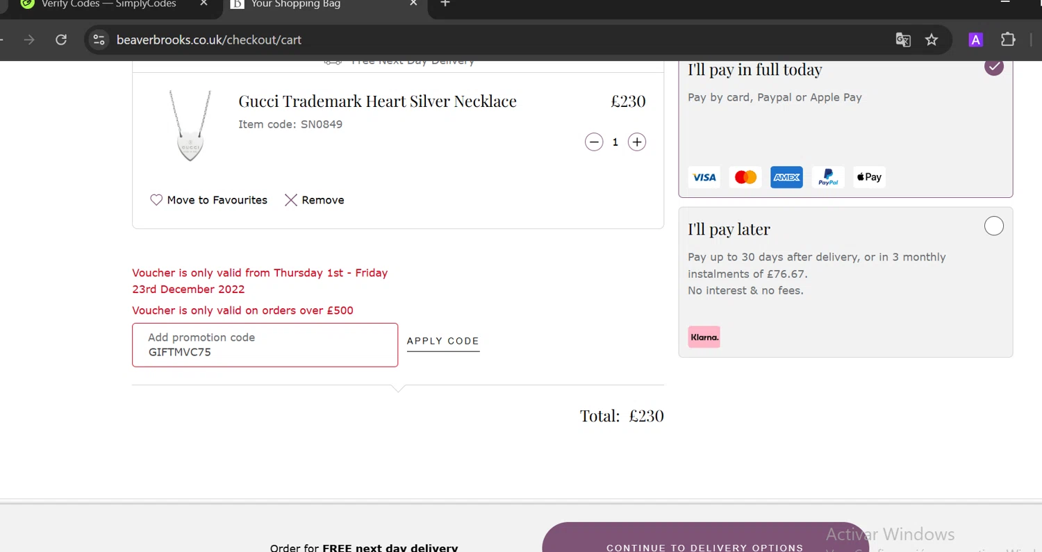 Beaverbrooks checkout page showing Beaverbrooks promo code box | Screenshot taken by SimplyCodes community member on Dec 16, 2024